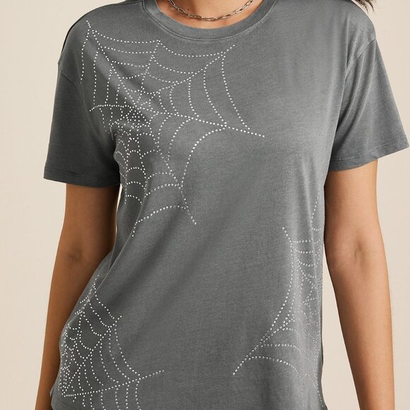 Maurices Tops - T-Shirt 1X-2X 3X Gray Rhinestone Spiderweb Halloween Bling Crew Top Maurices New